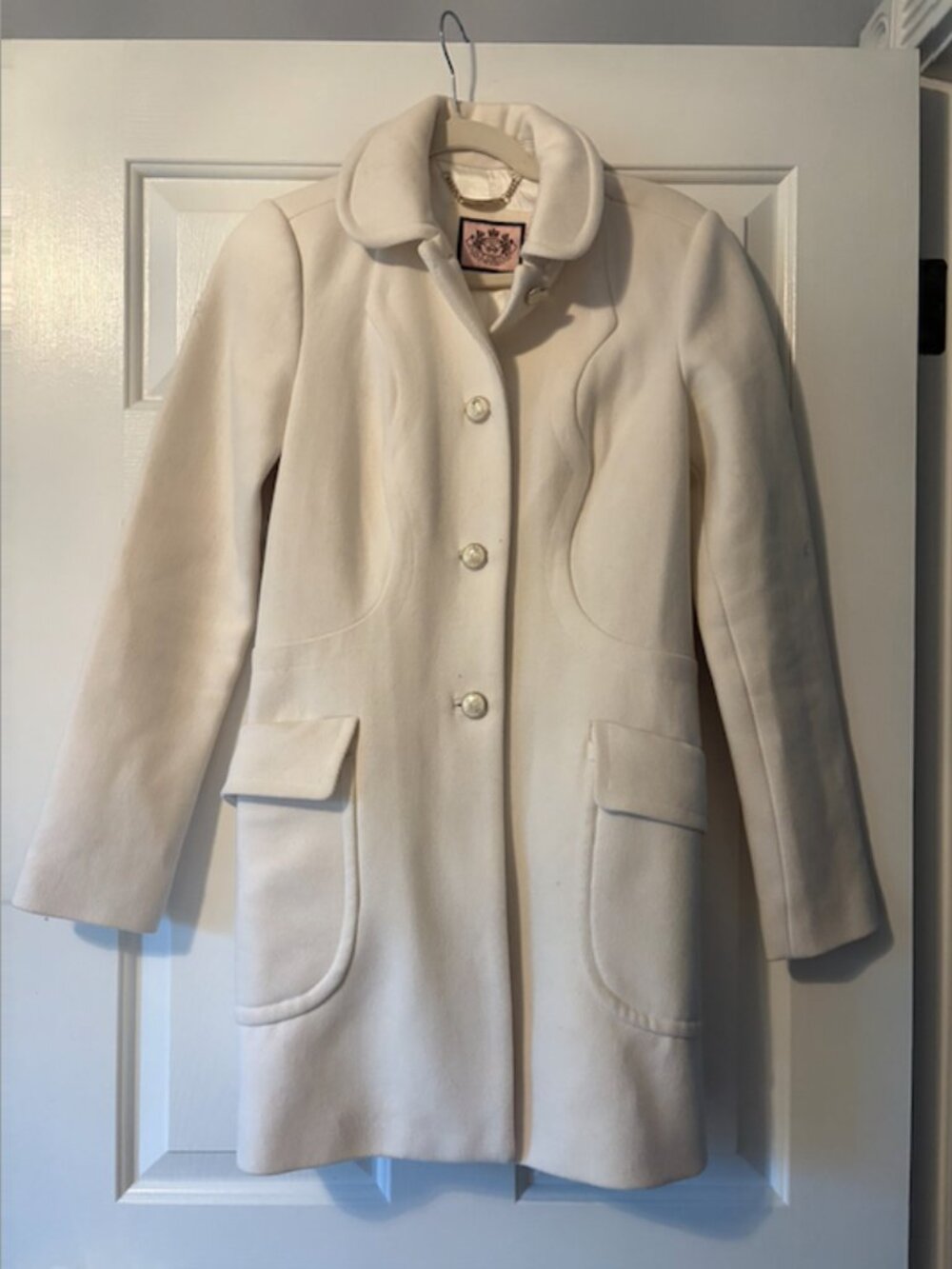 Vintage Y2K Juicy Couture Cream Wool Coat Petite S Rare Crown Button Jacket
